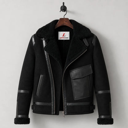 Hanging front view of black aviator jacket with plush collar, diagonal zipper and contrasting smooth trim