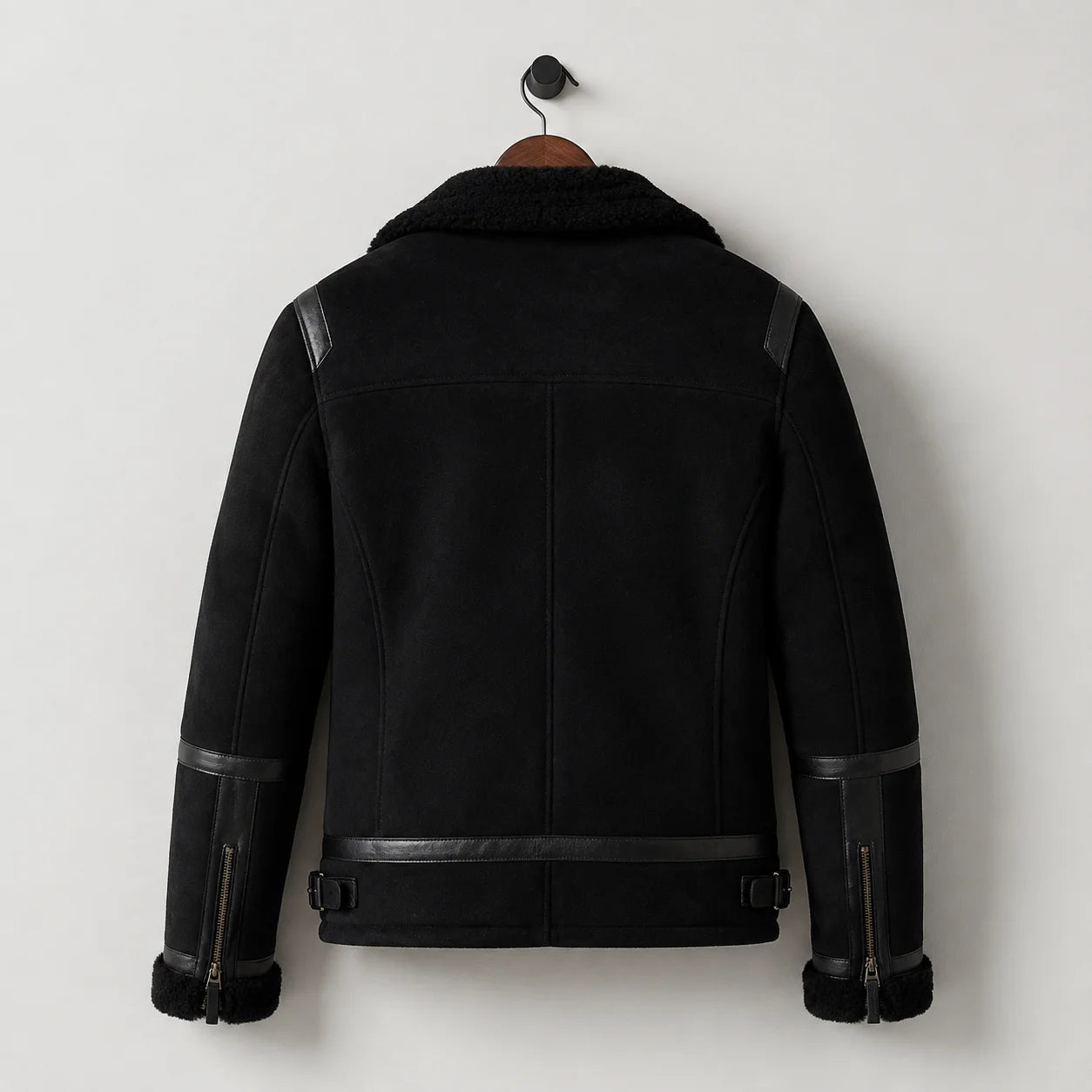 Hanging rear view of black flight jacket showing shoulder yoke, centre seam, sleeve bands and side waist tabs