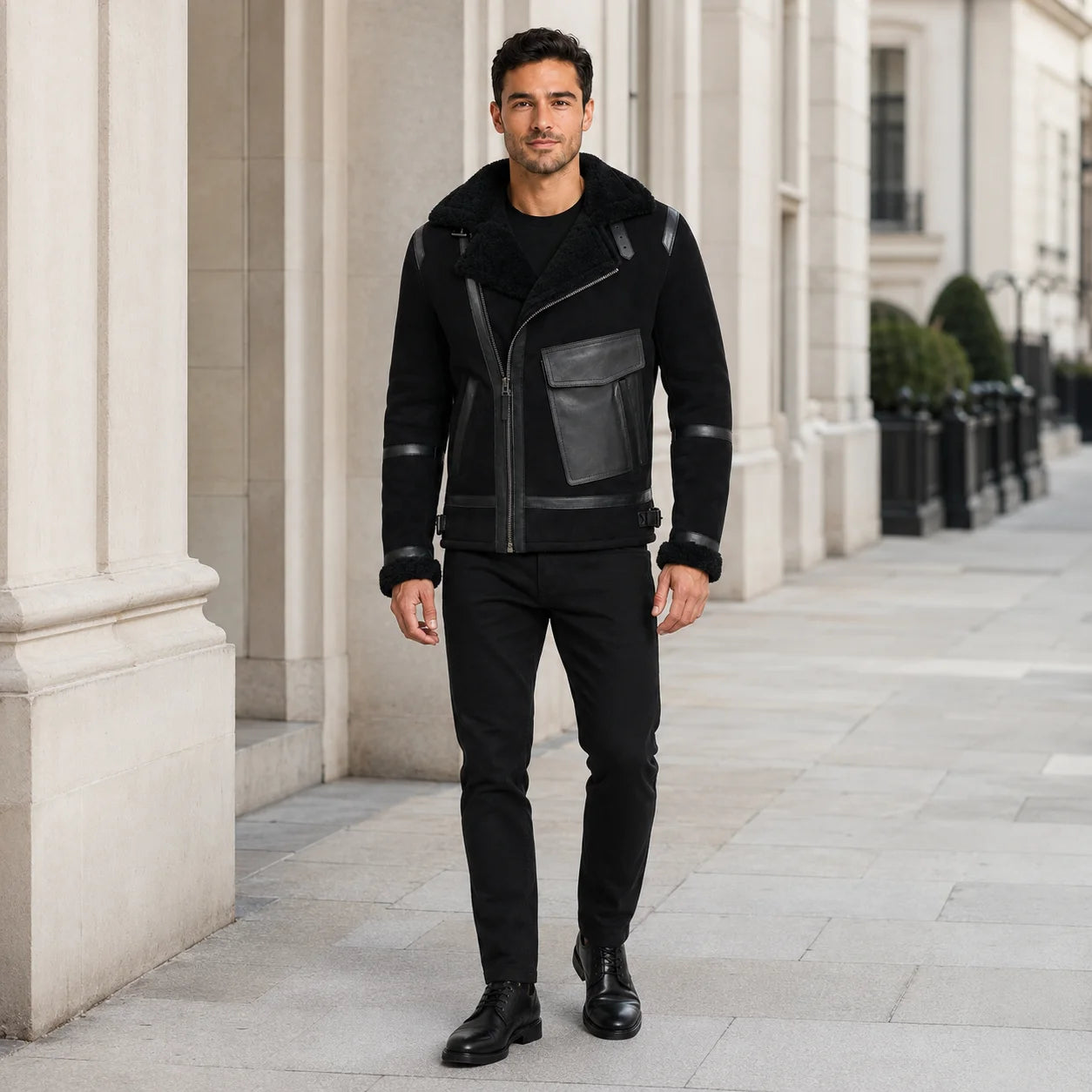 Man wearing black asymmetric aviator jacket with black trousers and boots in a refined urban setting