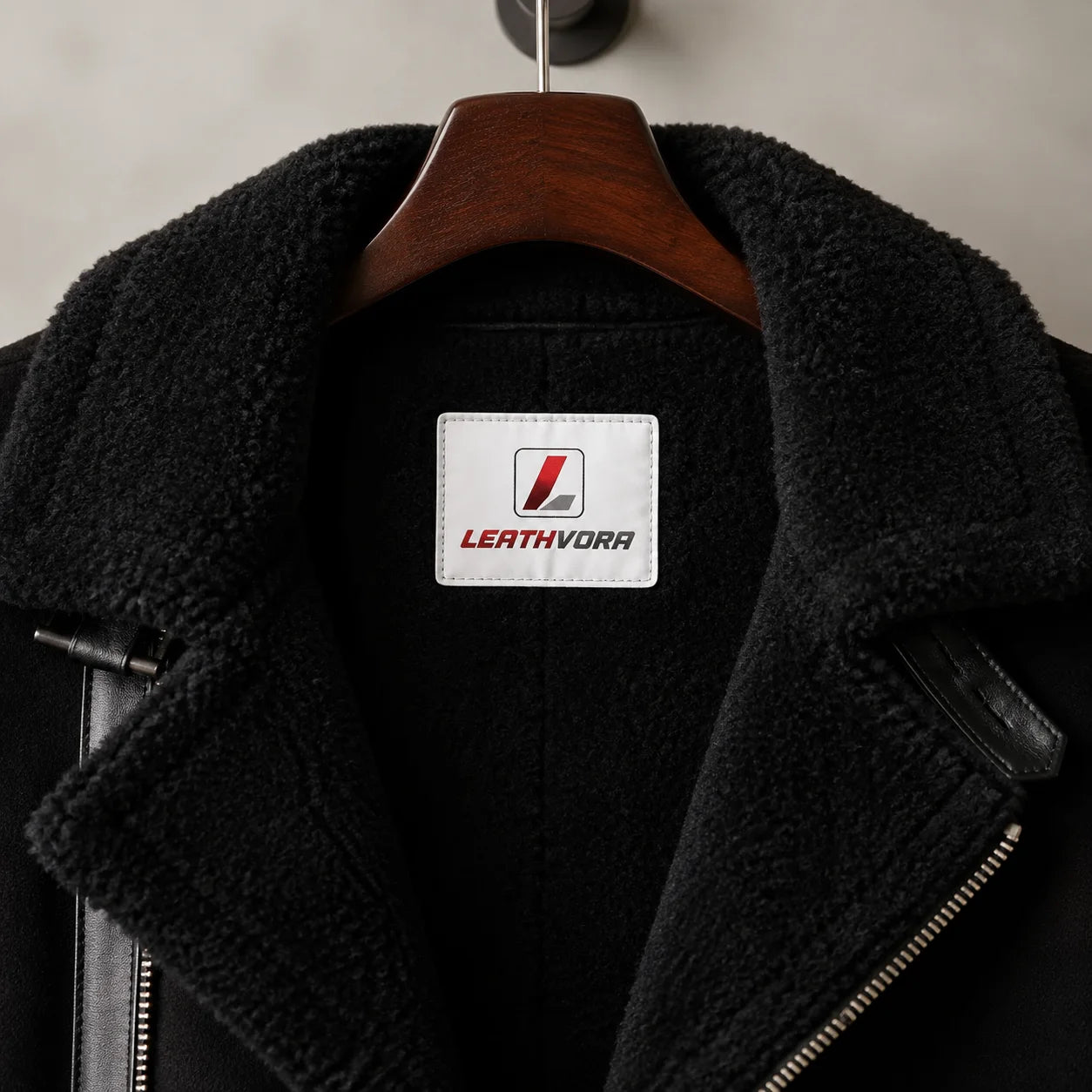 Detailed black plush collar and lining close-up with stitched white Leathvora branding patch at the neck