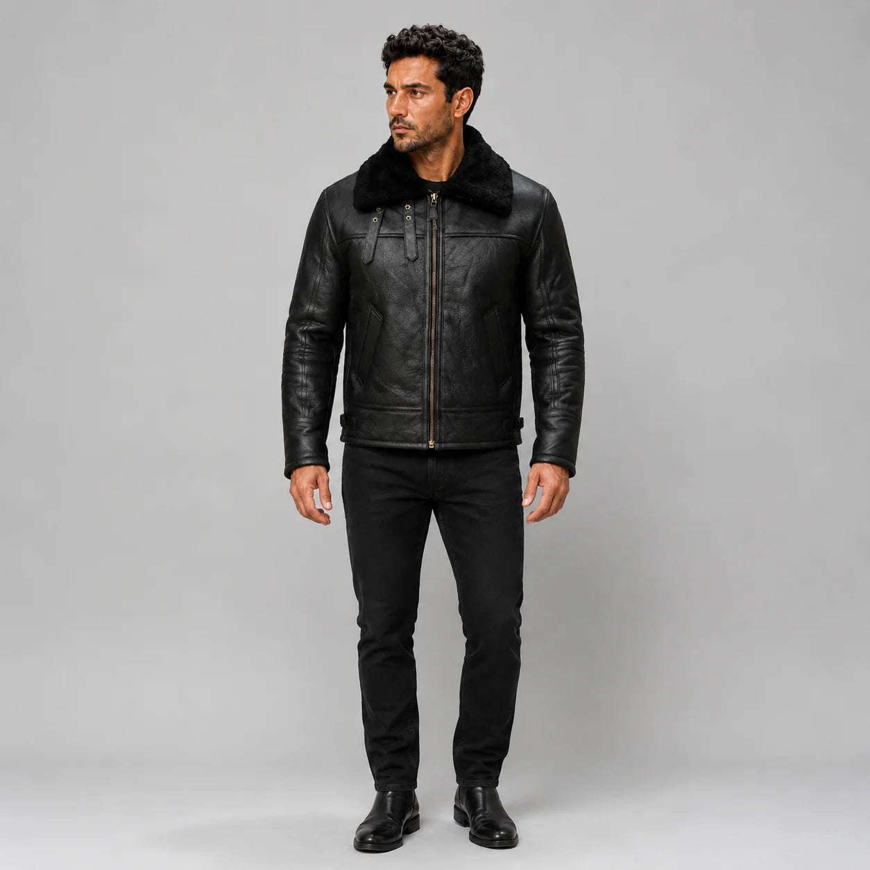 Front model view of men’s black aviator bomber jacket with plush collar, centre zip and angled hand pockets