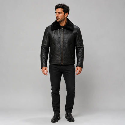 Front model view of men’s black aviator bomber jacket with plush collar, centre zip and angled hand pockets