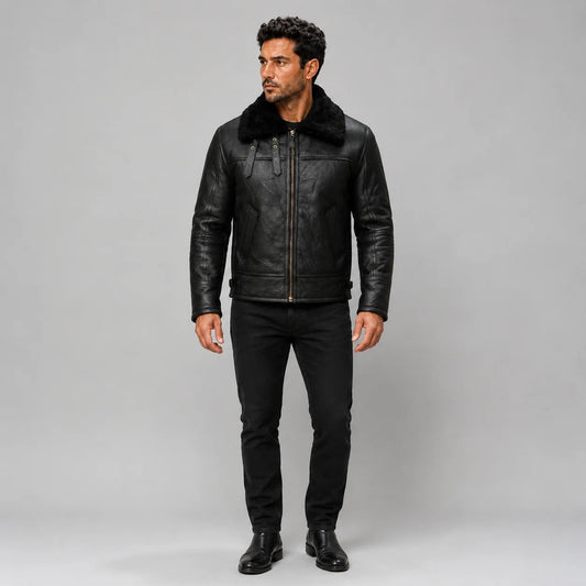 Front model view of men’s black aviator bomber jacket with plush collar, centre zip and angled hand pockets