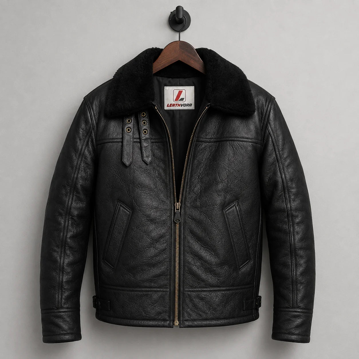 Hanging front view of black aviator bomber jacket with centre gold-tone zip, angled pockets and Leathvora neck label