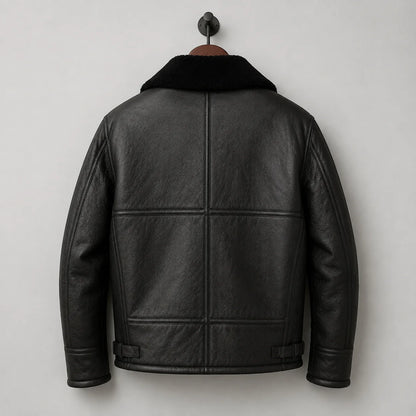 Hanging back view of black aviator jacket showing horizontal panels, centre back seam and adjustable waist details