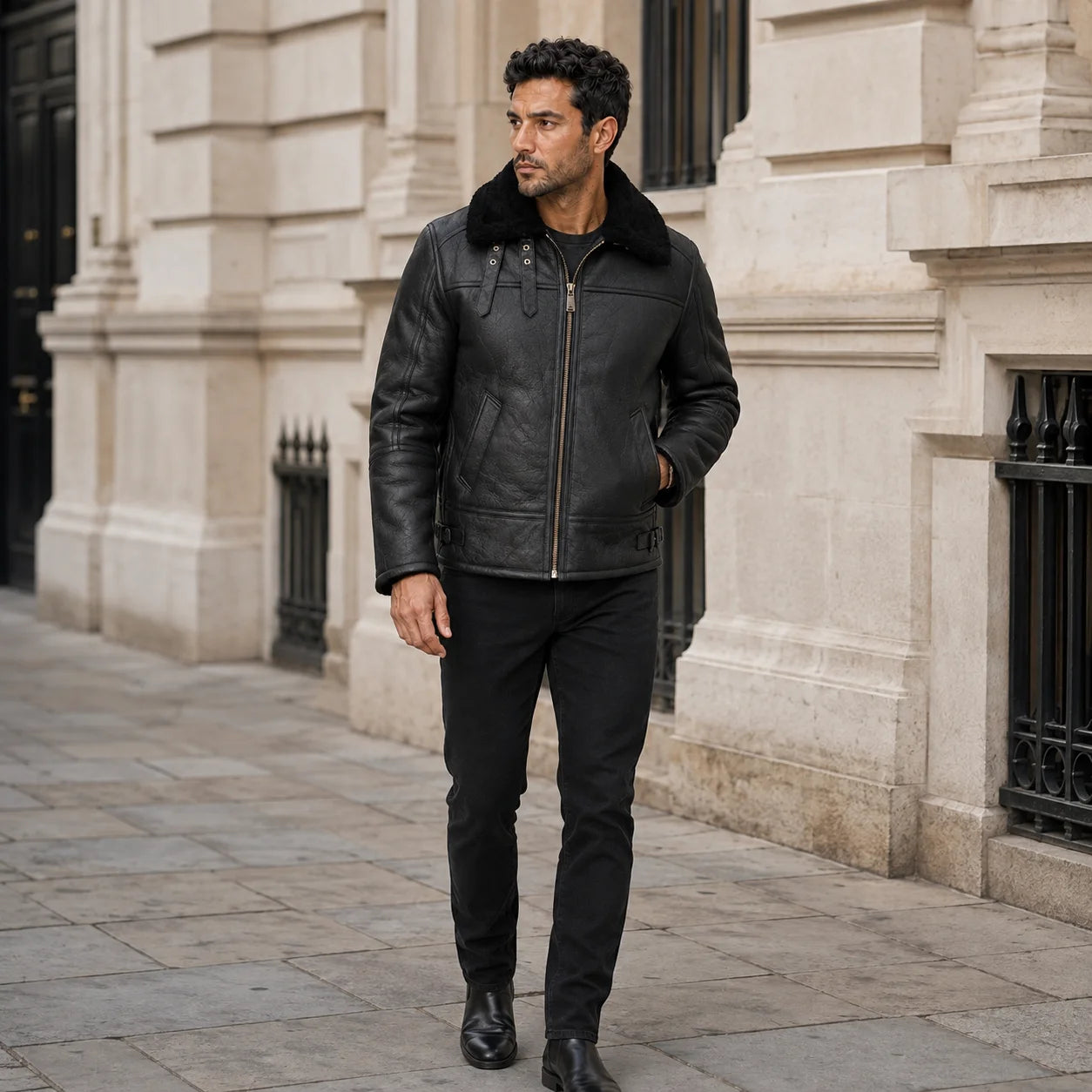 Men’s black aviator bomber jacket styled outdoors with black jeans and boots in a premium city setting