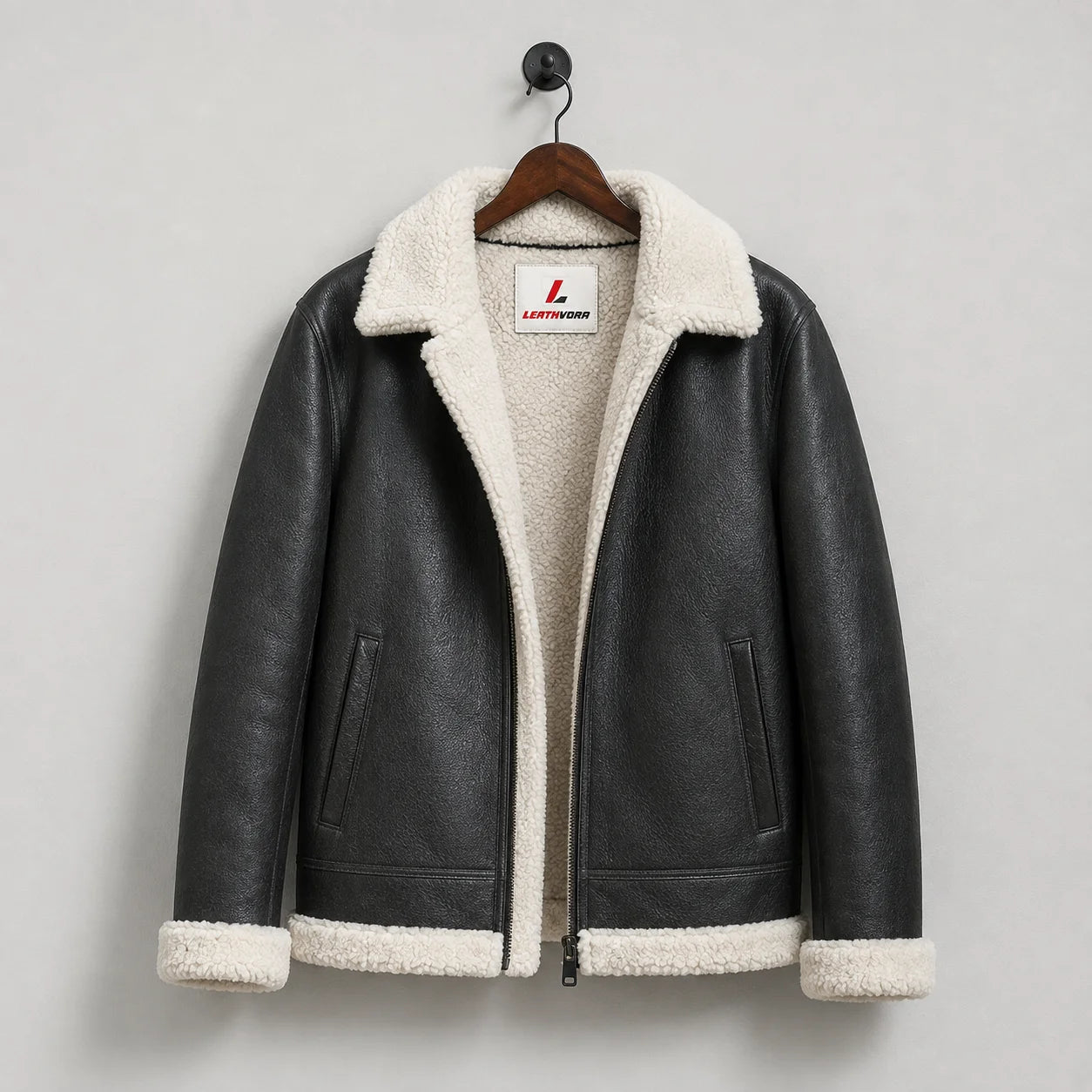 Hanging front view of black aviator jacket with contrasting white lining, angled pockets and Leathvora neck label
