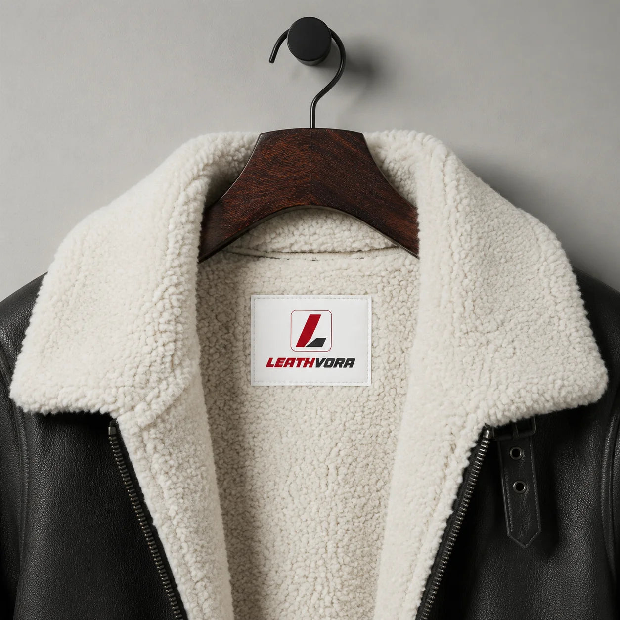 Close-up of white plush aviator collar and interior lining with black textured outer and Leathvora branding