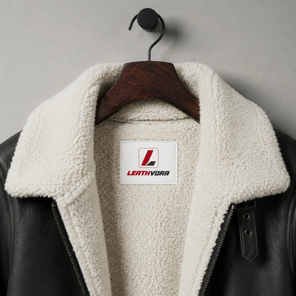Close-up of white plush aviator collar and interior lining with black textured outer and Leathvora branding
