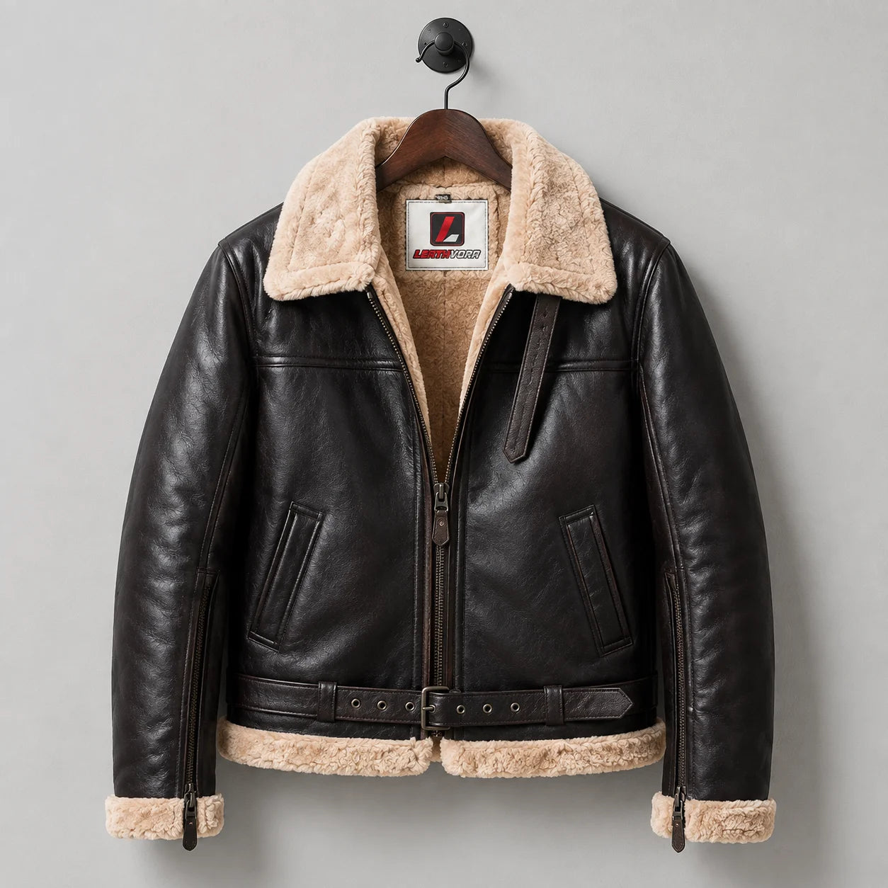 Hanging front view of B3 leather bomber jacket with cream fur lining, angled pockets, waist buckle and zipped cuffs