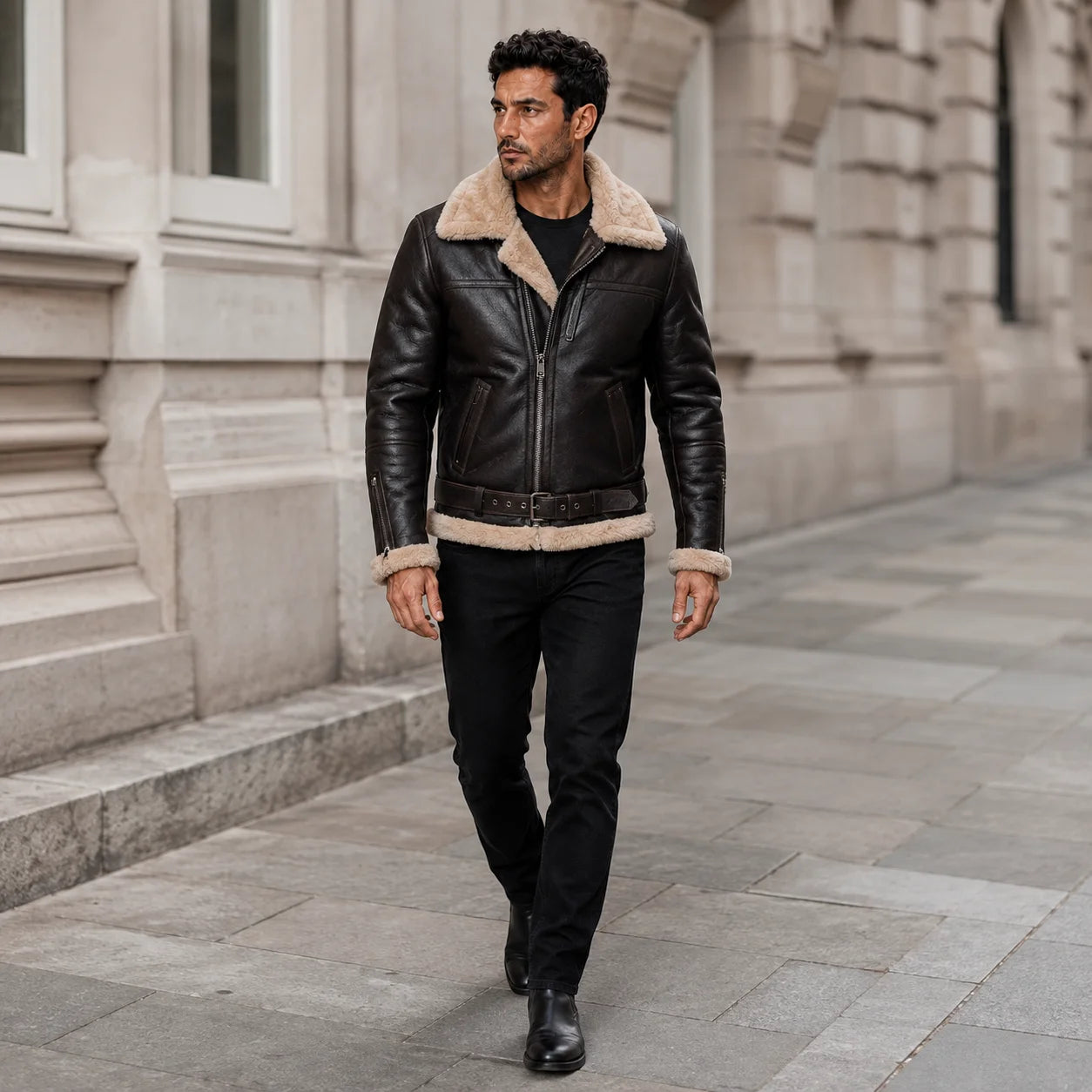 Outdoor lifestyle view of man wearing B3 aviator jacket with cream fur collar, dark leather exterior and black trousers