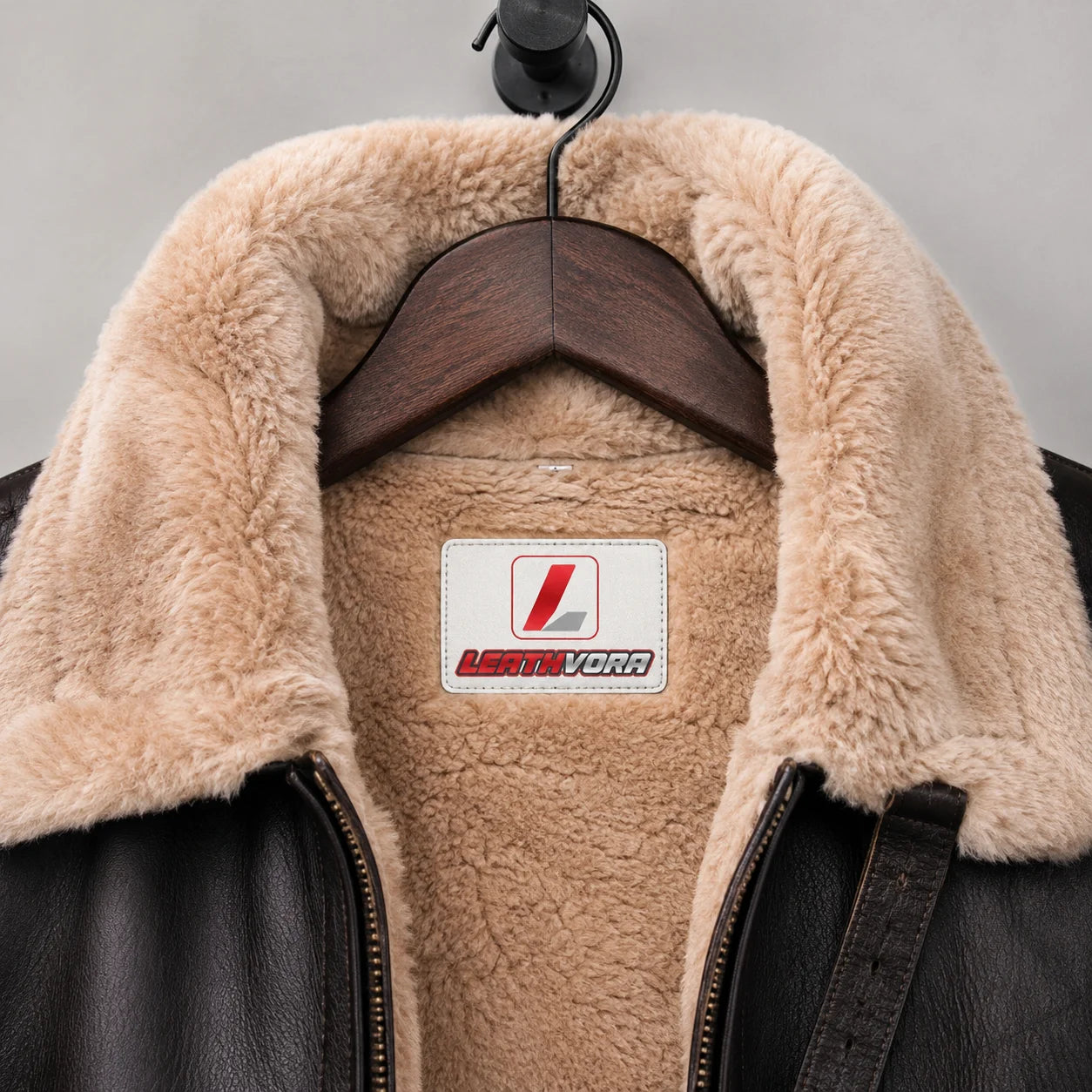 Close-up of cream plush aviator collar and lining with Leathvora neck label and dark textured leather exterior