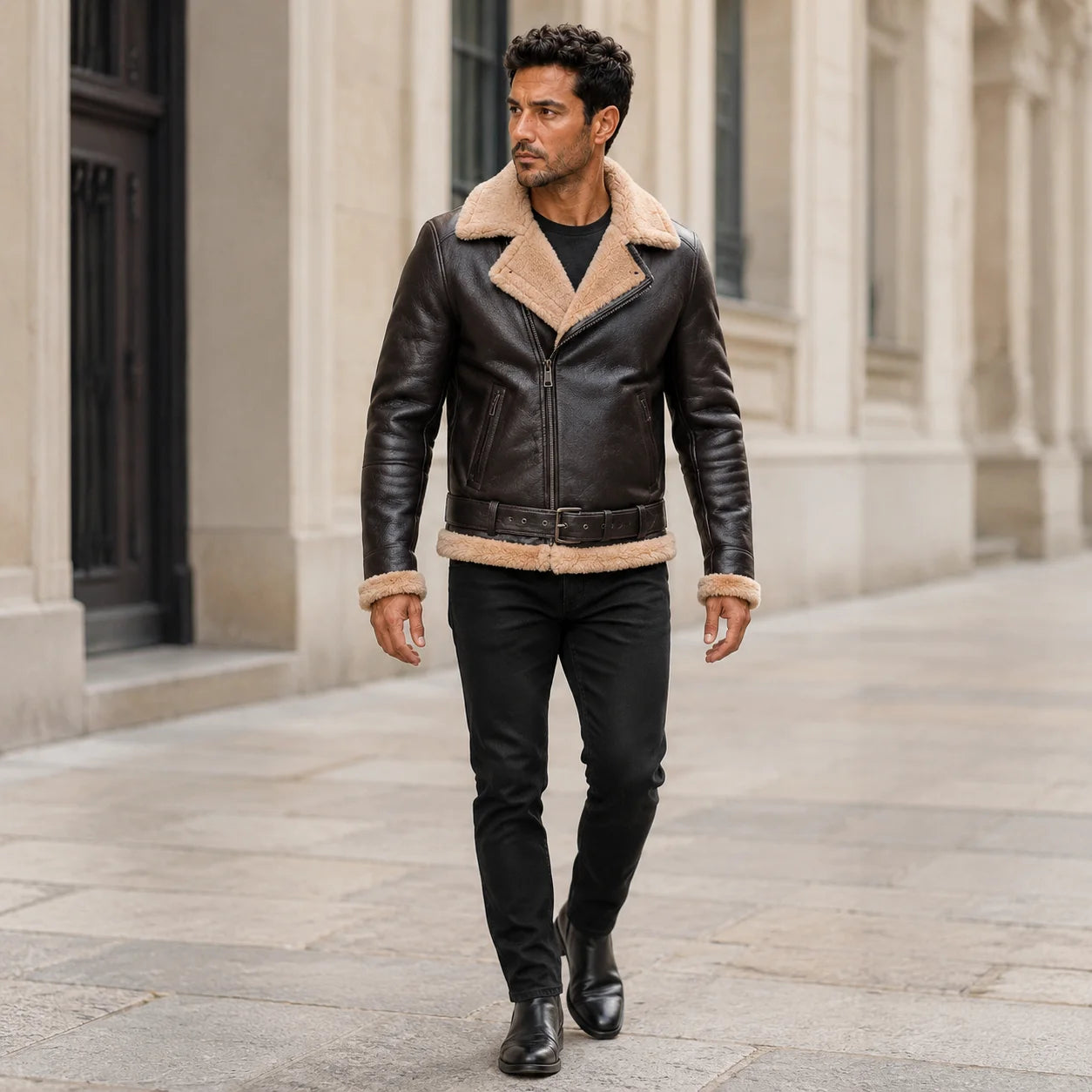 Walking lifestyle model wearing dark B3 leather bomber jacket with cream collar, black jeans and leather boots