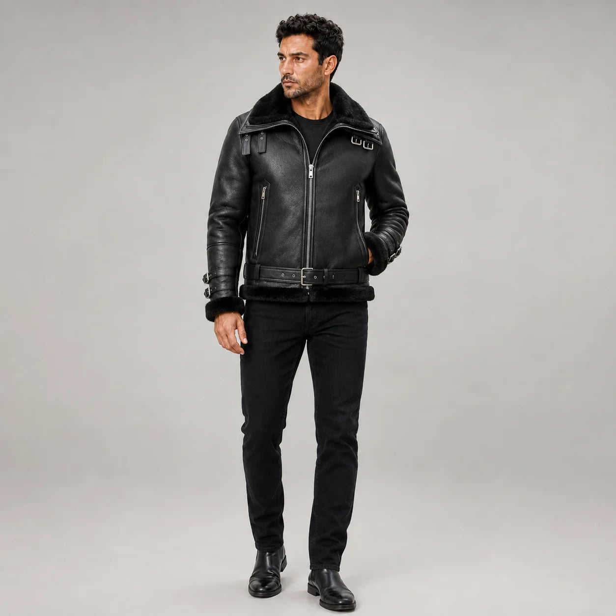 Front model view of black B3 sheepskin aviator jacket with double collar, waist belt, zip pockets and cuff buckles
