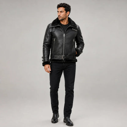 Front model view of black B3 sheepskin aviator jacket with double collar, waist belt, zip pockets and cuff buckles