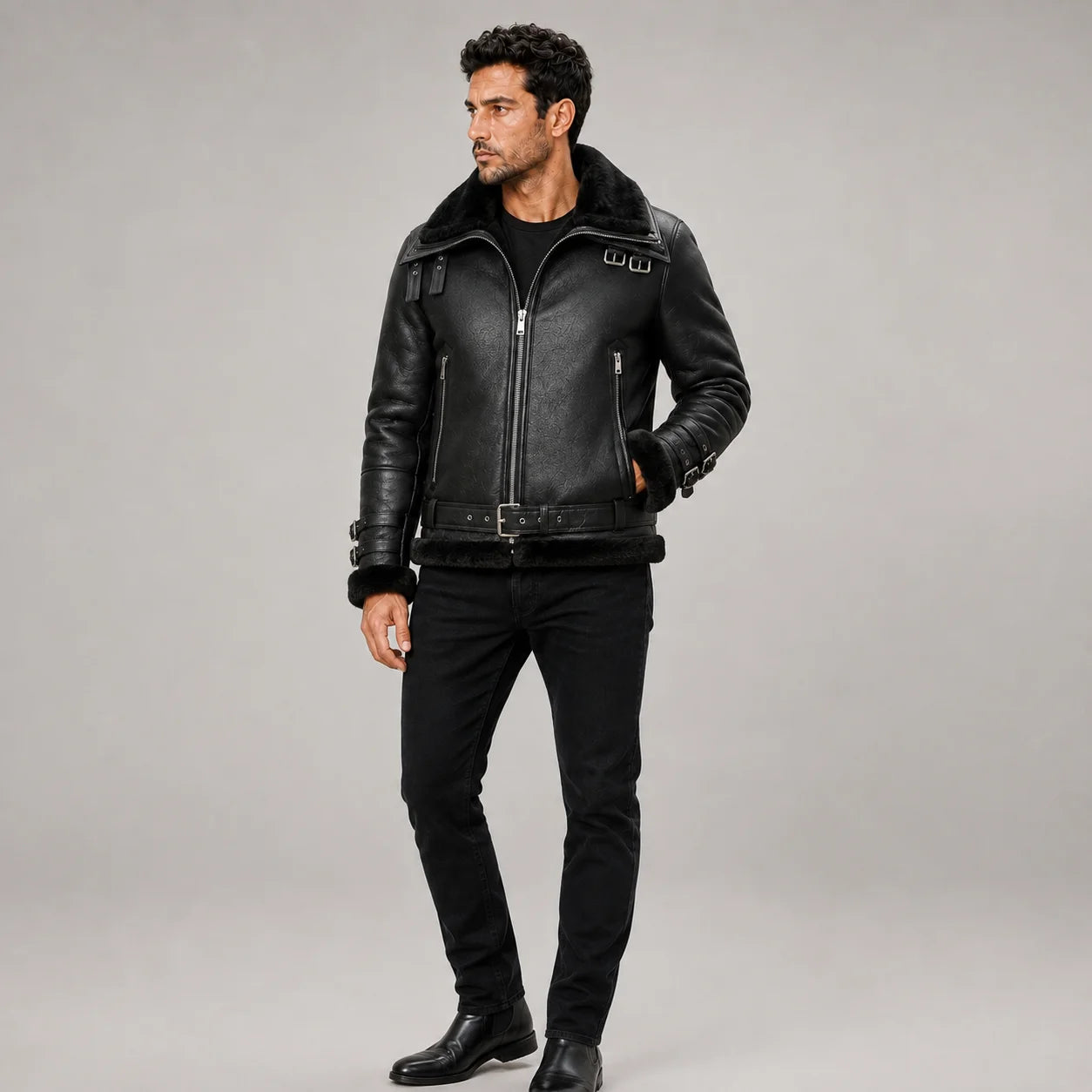 Three-quarter studio view of black shearling flight jacket with wide collar, front zip, waist belt and buckle cuffs