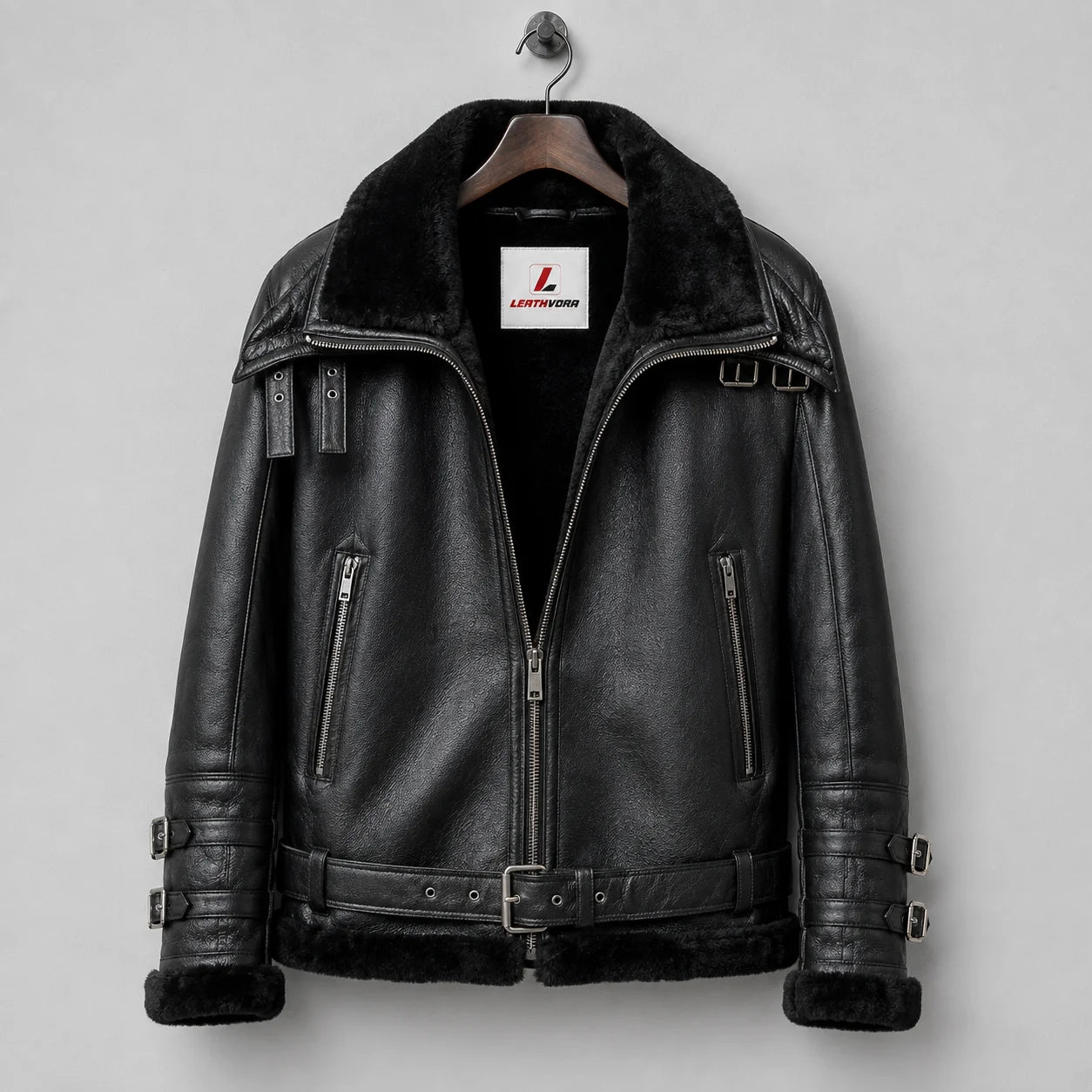 Hanging front view of black B3 aviator jacket displaying fleece collar, two zip pockets, waist belt and shoulder buckles