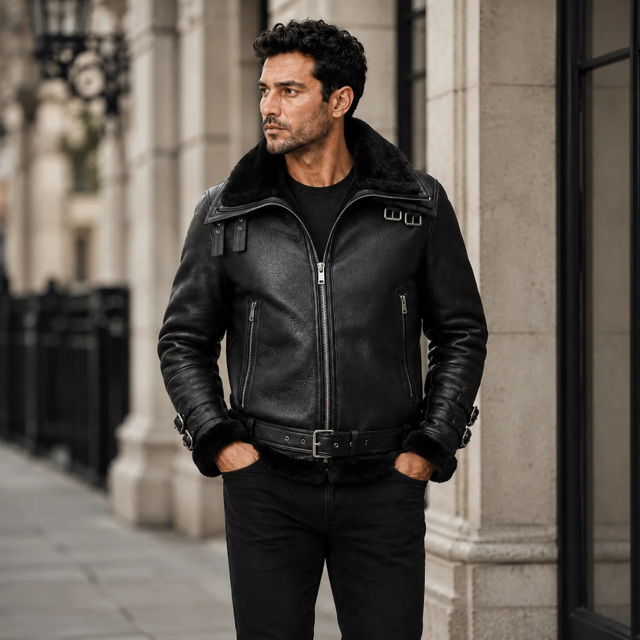 Outdoor lifestyle view of men’s black B3 aviator jacket styled with black trousers beside stone architecture