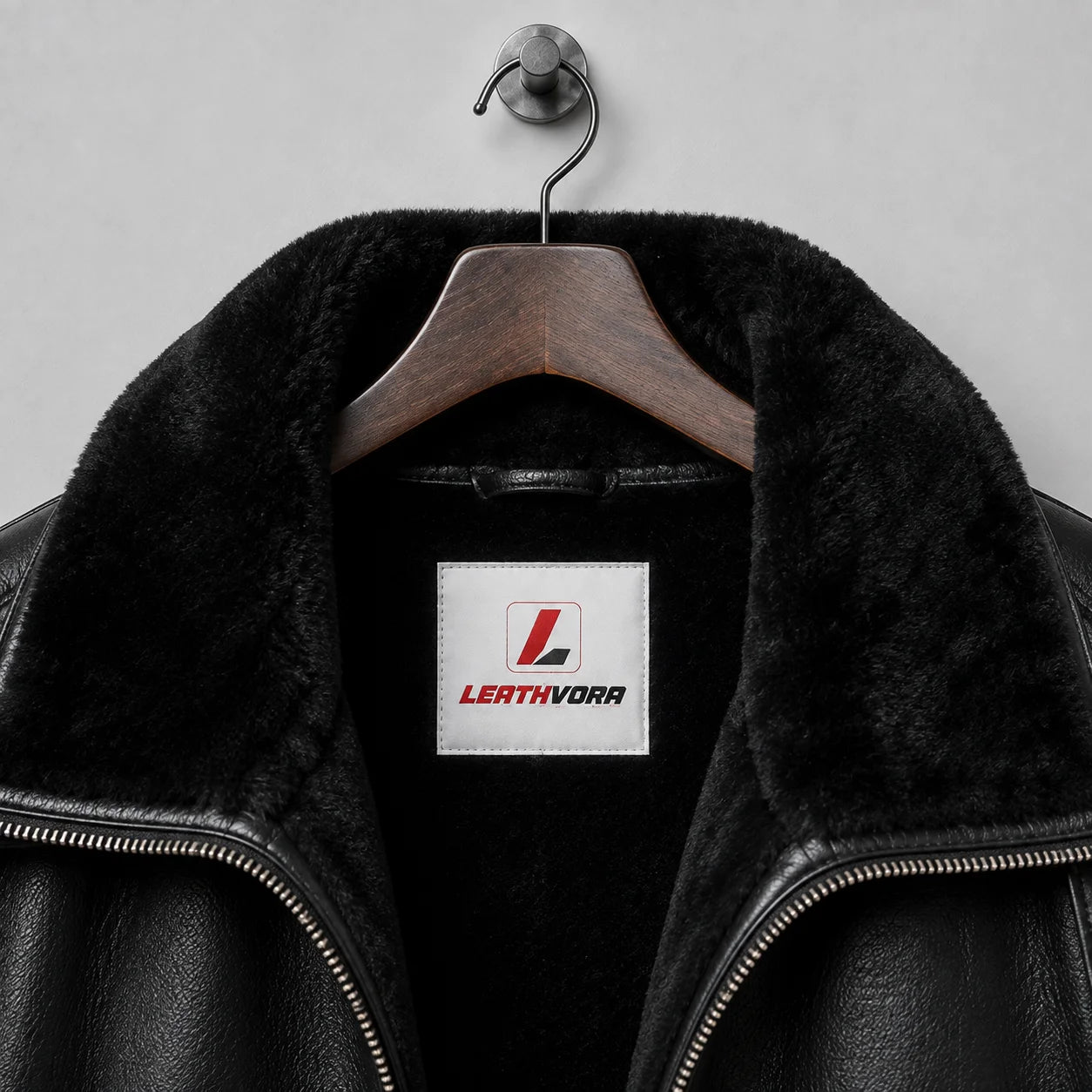 Close-up of black fleece-style collar and interior with stitched Leathvora branding and visible front zipper edges