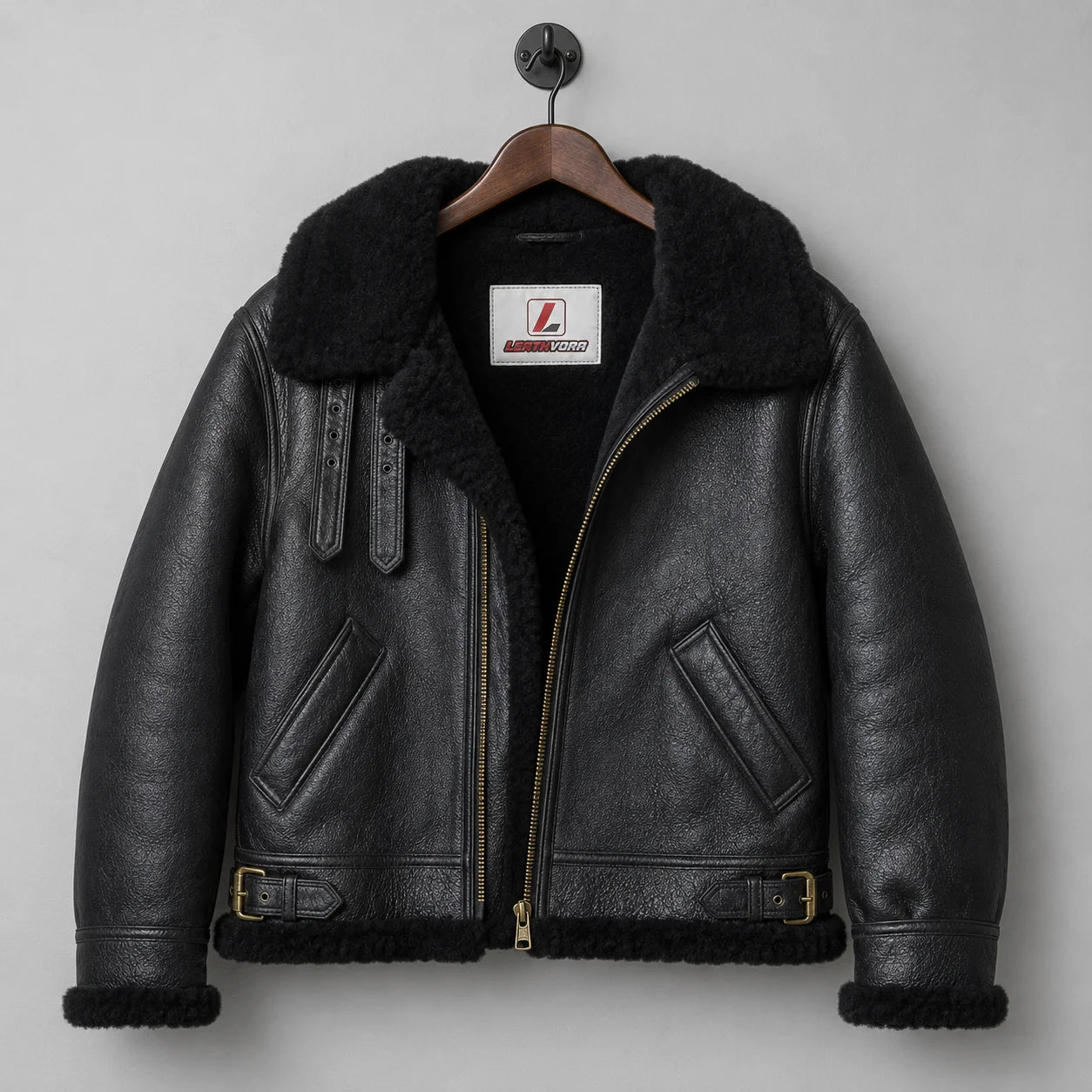 Front hanging view of black B3-style sheepskin jacket with shearling collar, angled pockets and eyelet strap details