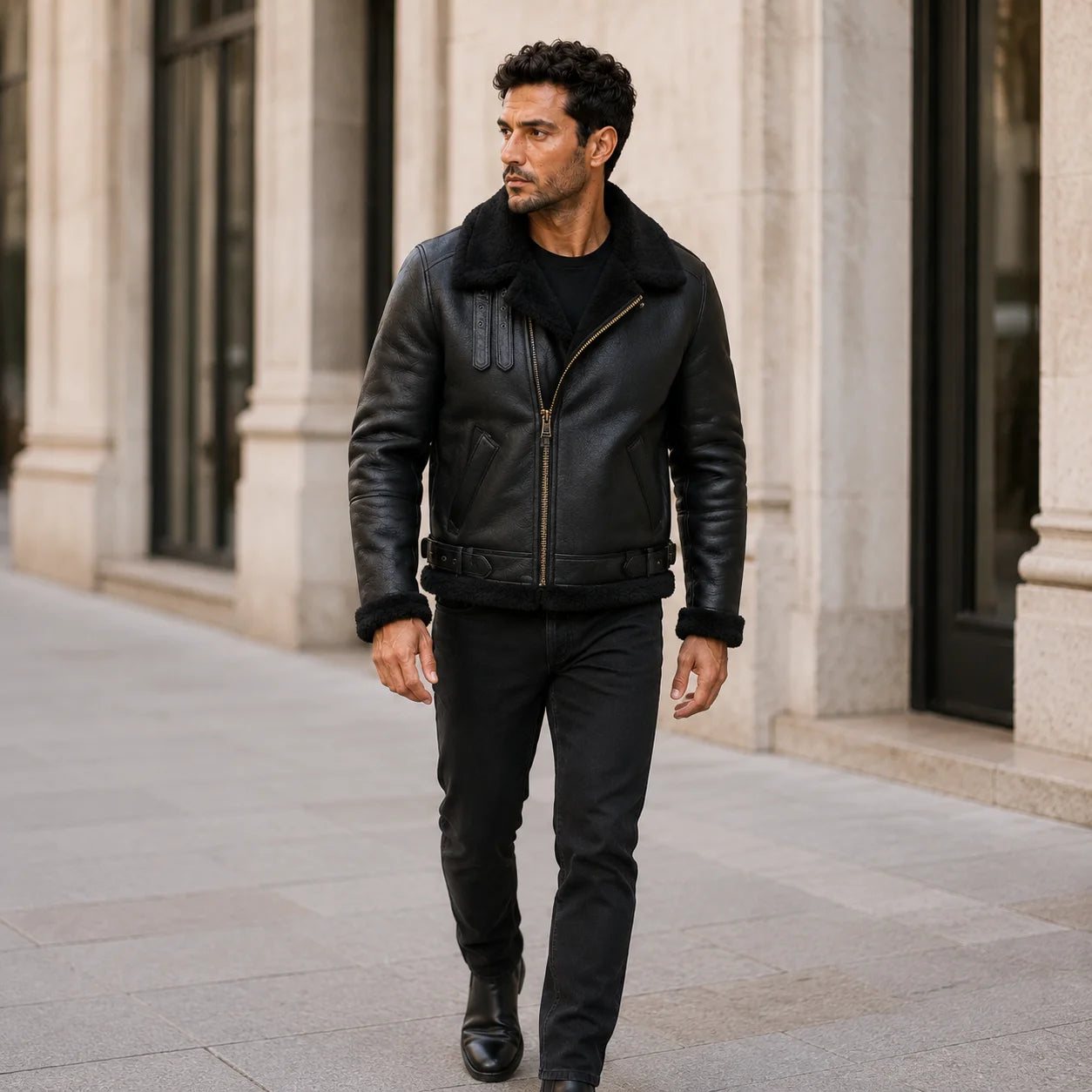 Outdoor lifestyle view of man wearing black shearling aviator leather jacket with black jeans and boots