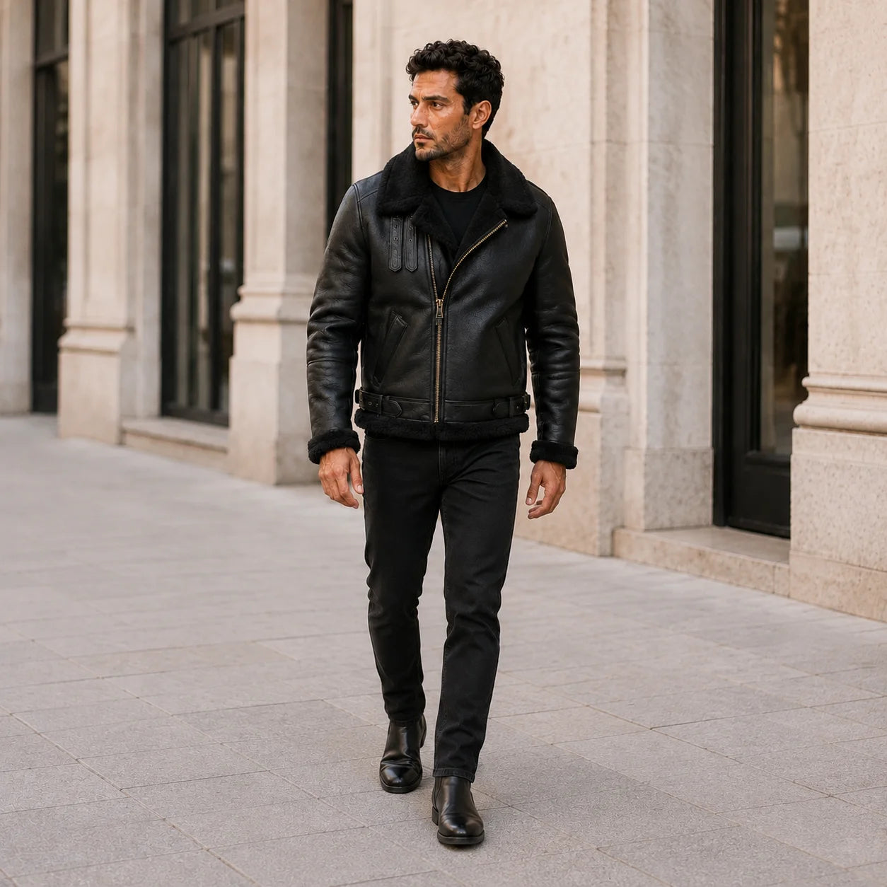 Walking lifestyle view of men’s black aviator jacket showing shearling collar, fitted silhouette and buckle waist