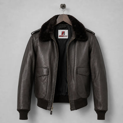 Front product view of brown leather flight jacket with map-print lining, two flap pockets and ribbed trims