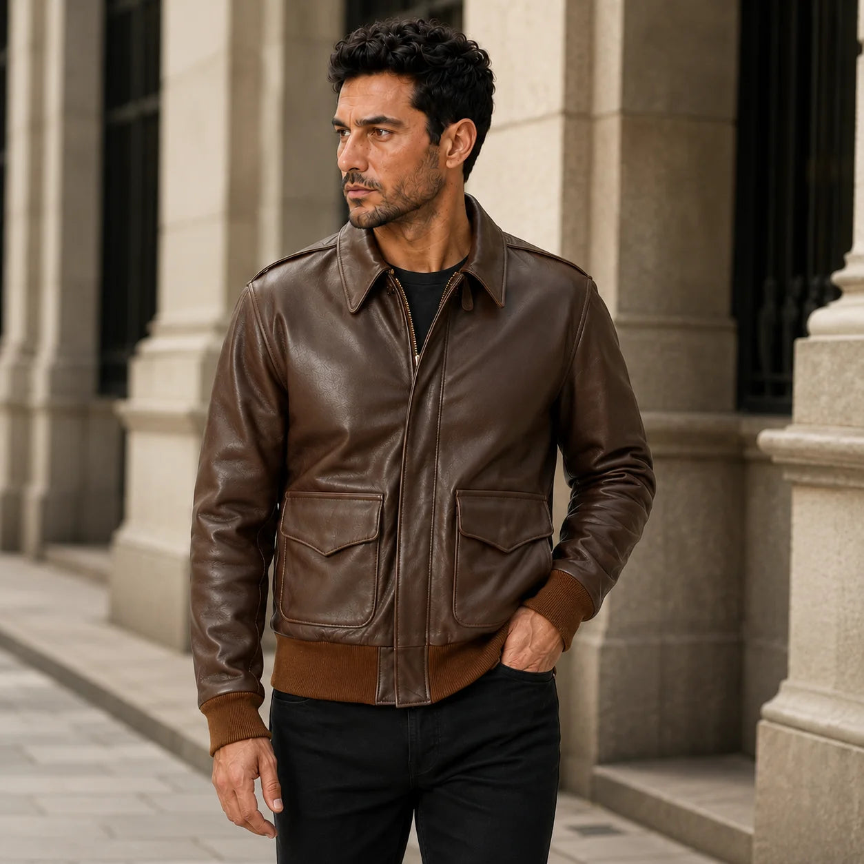 Man wearing brown A2-style leather flight jacket with flap pockets and ribbed trims in an urban setting