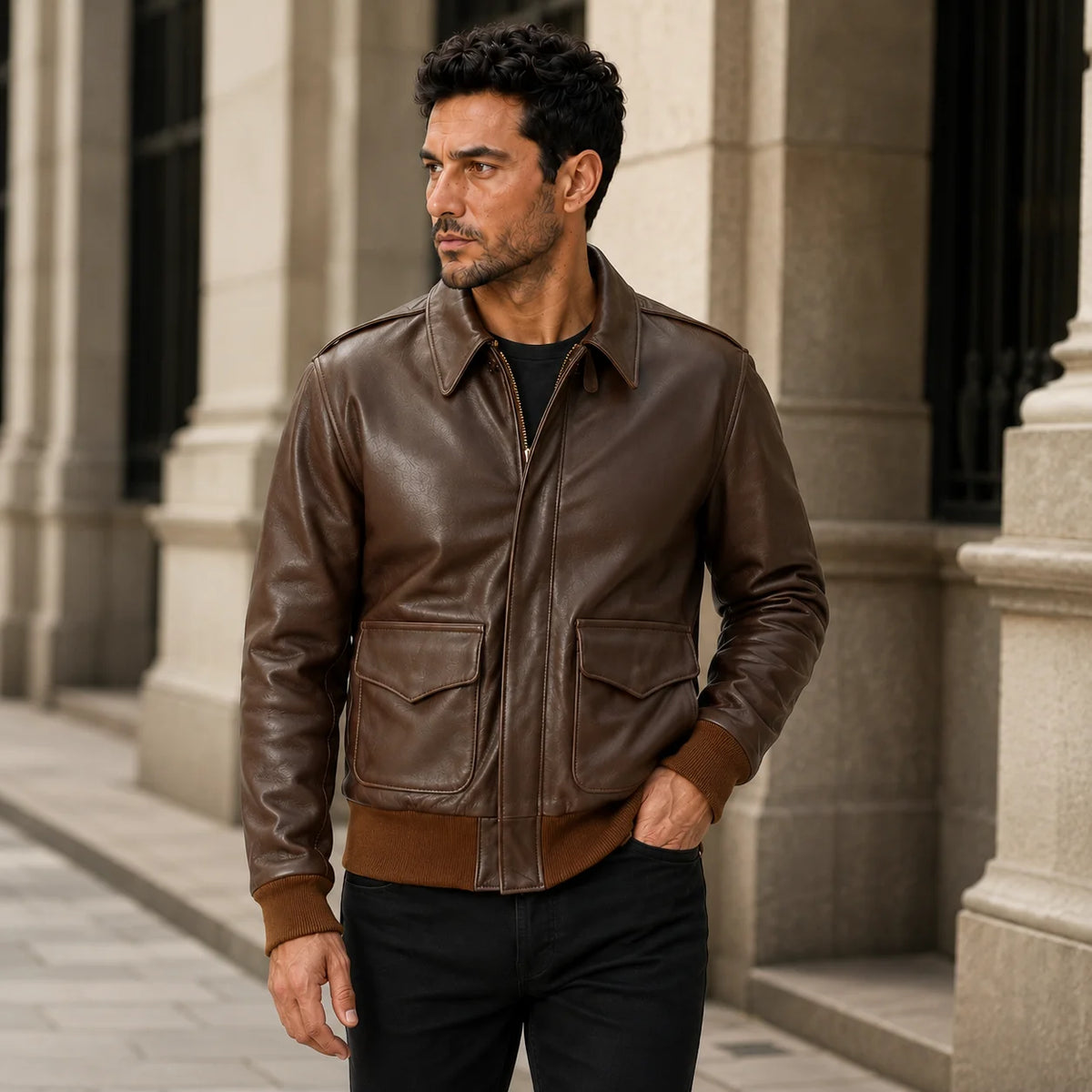 Man wearing brown A2-style leather flight jacket with flap pockets and ribbed trims in an urban setting