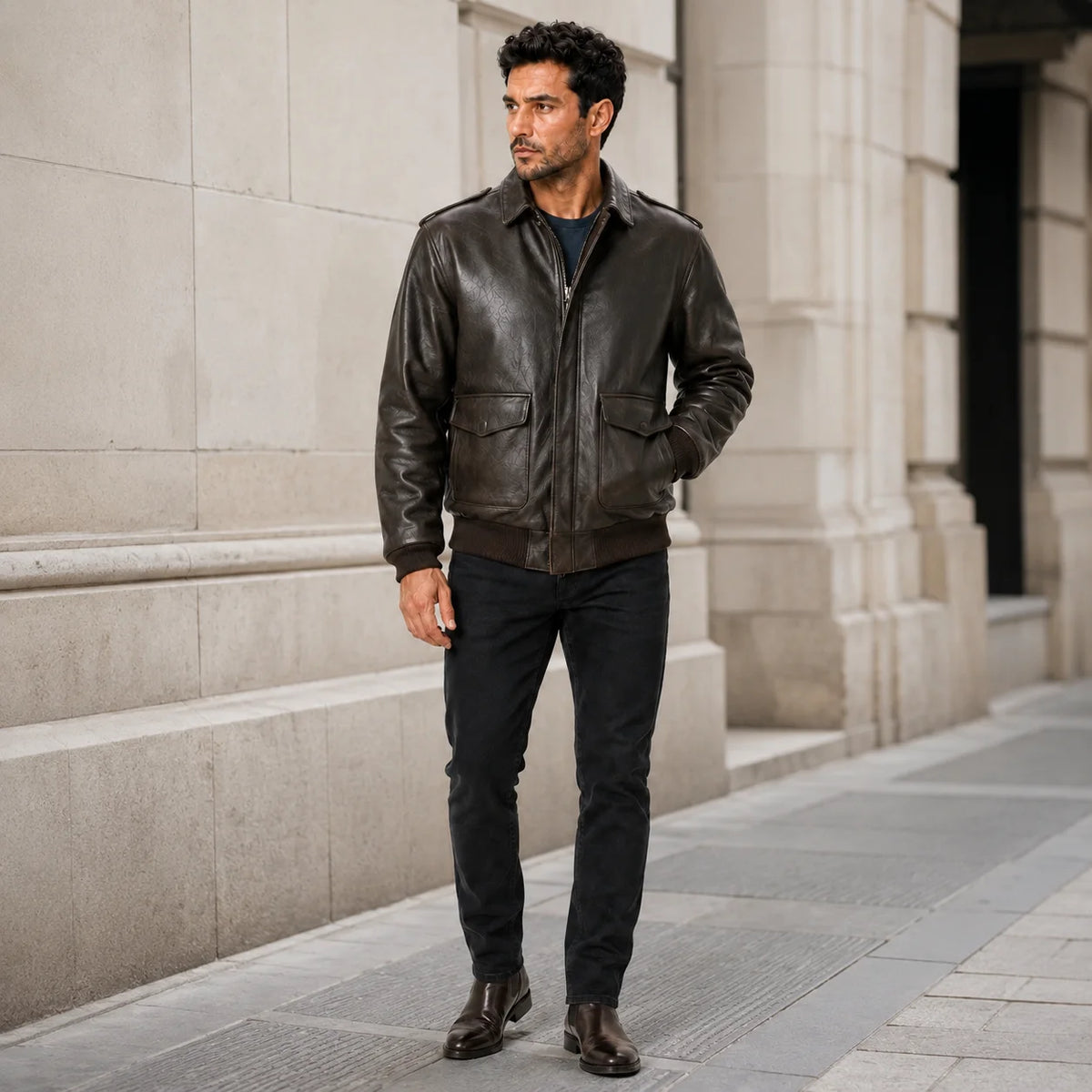 Man wearing dark brown leather aviator flight jacket with flap pockets, ribbed cuffs and black jeans outdoors