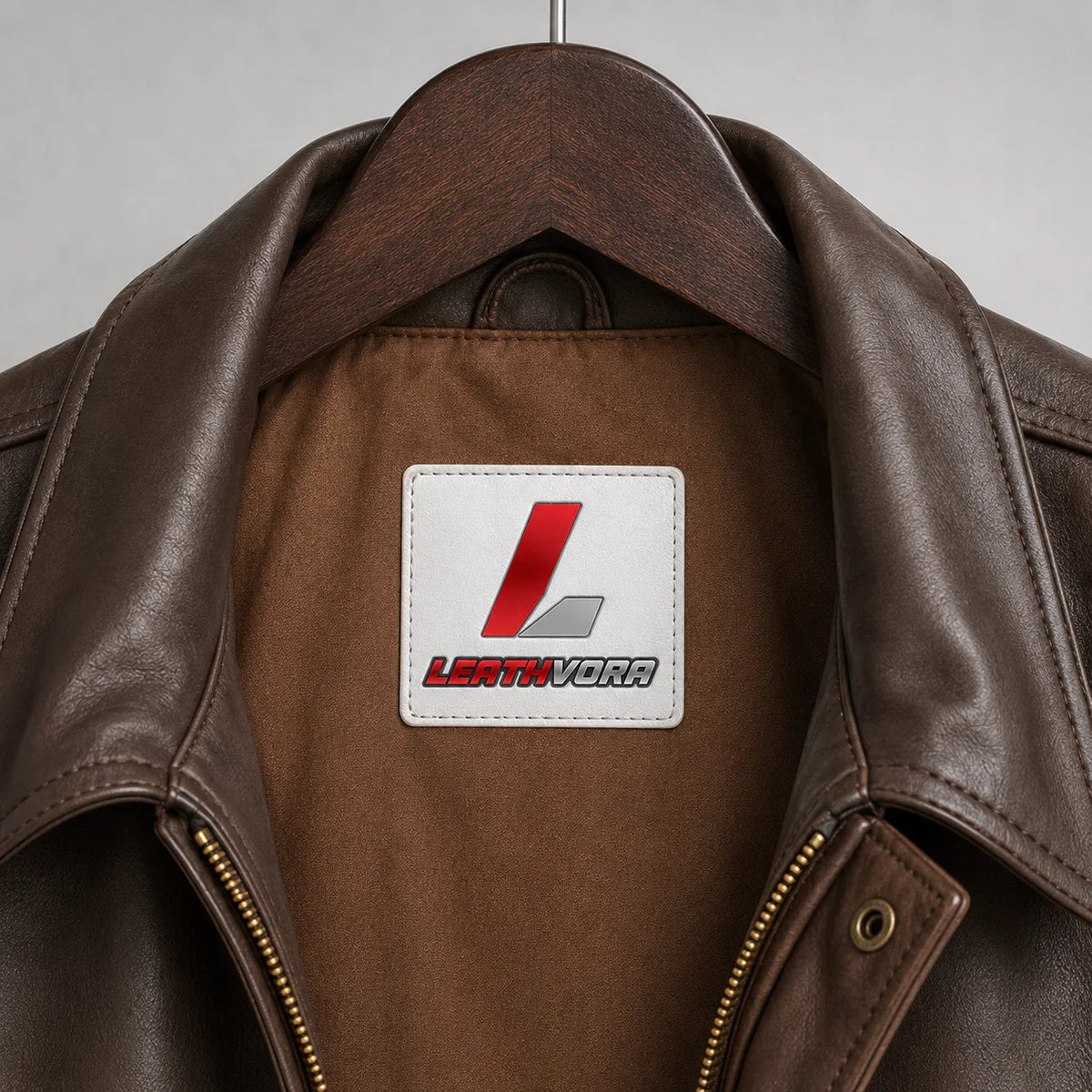 Close-up of brown leather flight jacket collar, warm brown inner lining, zip hardware and Leathvora neck label