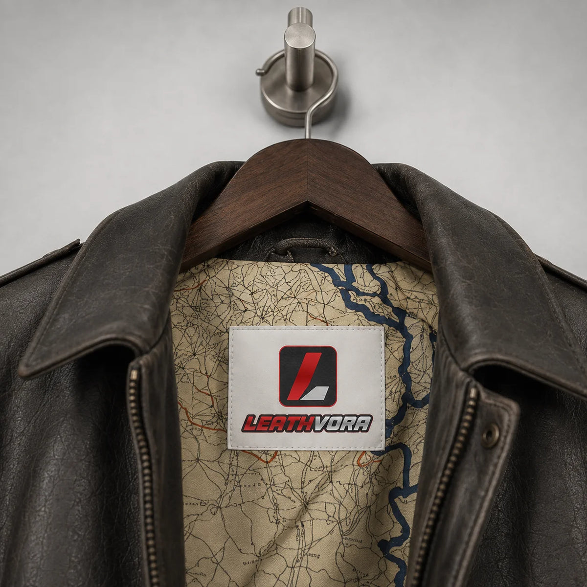 Close-up of brown leather flight jacket collar with beige map-print lining and Leathvora branding