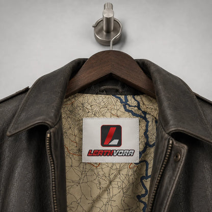 Close-up of brown leather flight jacket collar with beige map-print lining and Leathvora branding