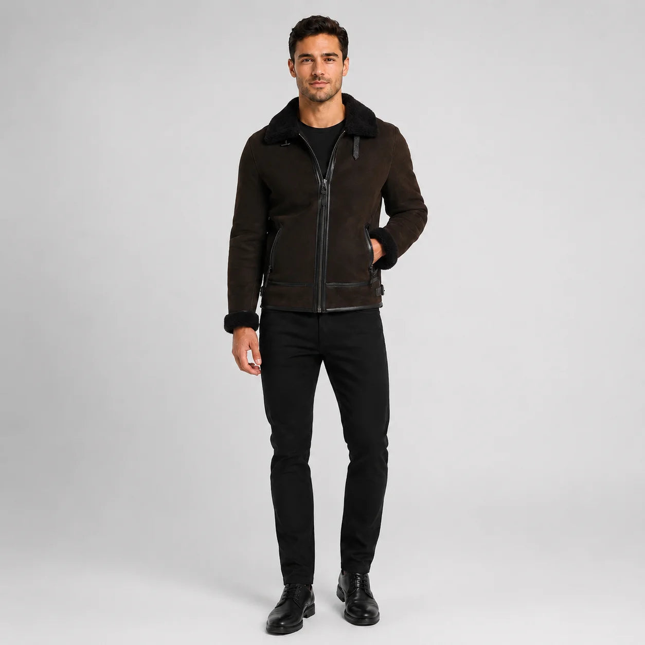 Front studio view of men’s dark brown aviator jacket with black plush collar, zip pockets and contrast trim