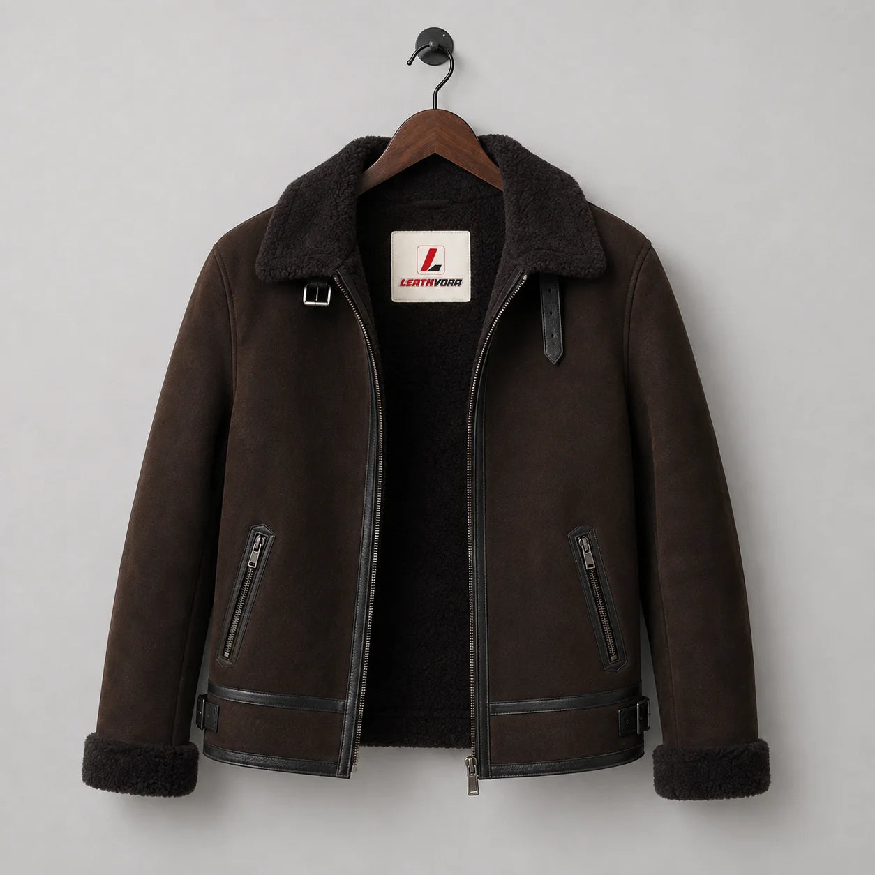 Hanging front view of dark brown flight jacket with black plush lining, collar buckles and two zip pockets