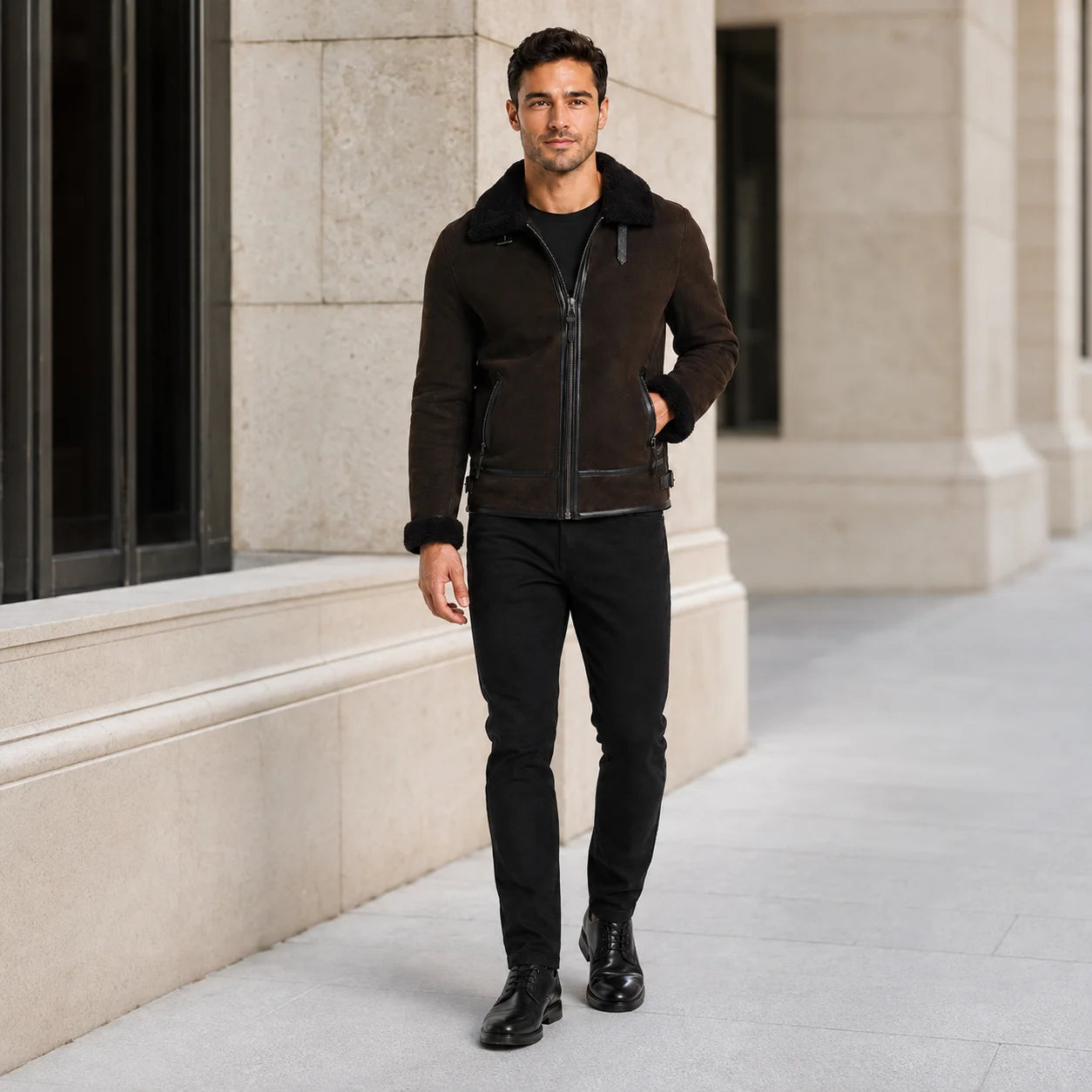 Man wearing dark brown aviator jacket with black jeans and boots in a refined stone-building setting