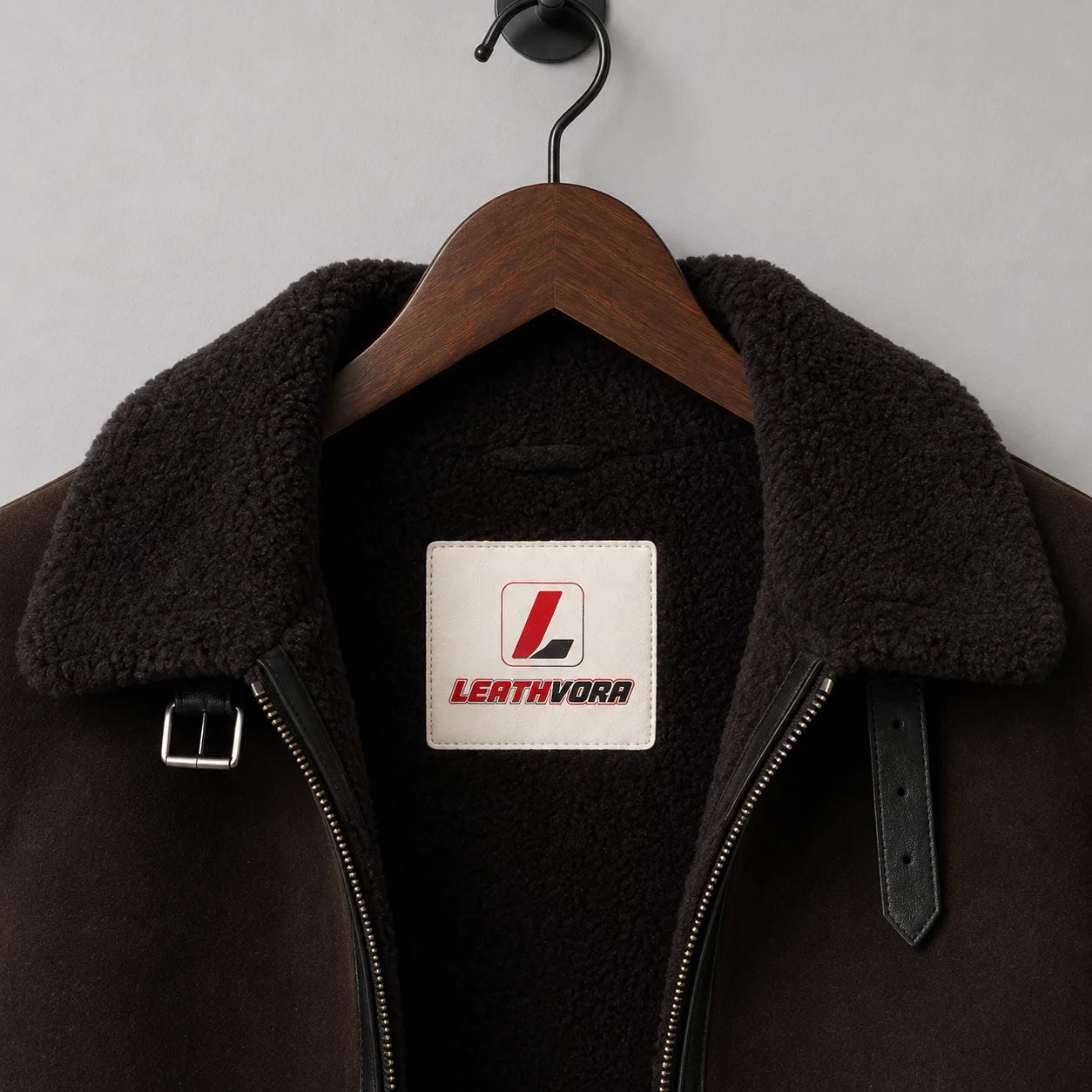 Close-up of black plush aviator collar, dark brown exterior, zipper, buckle straps and Leathvora neck label