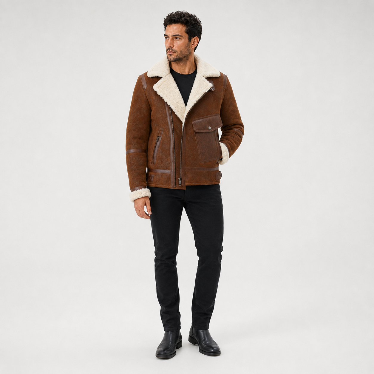 Front model view of brown aviator jacket with cream plush lapels, asymmetric zip and large utility pocket