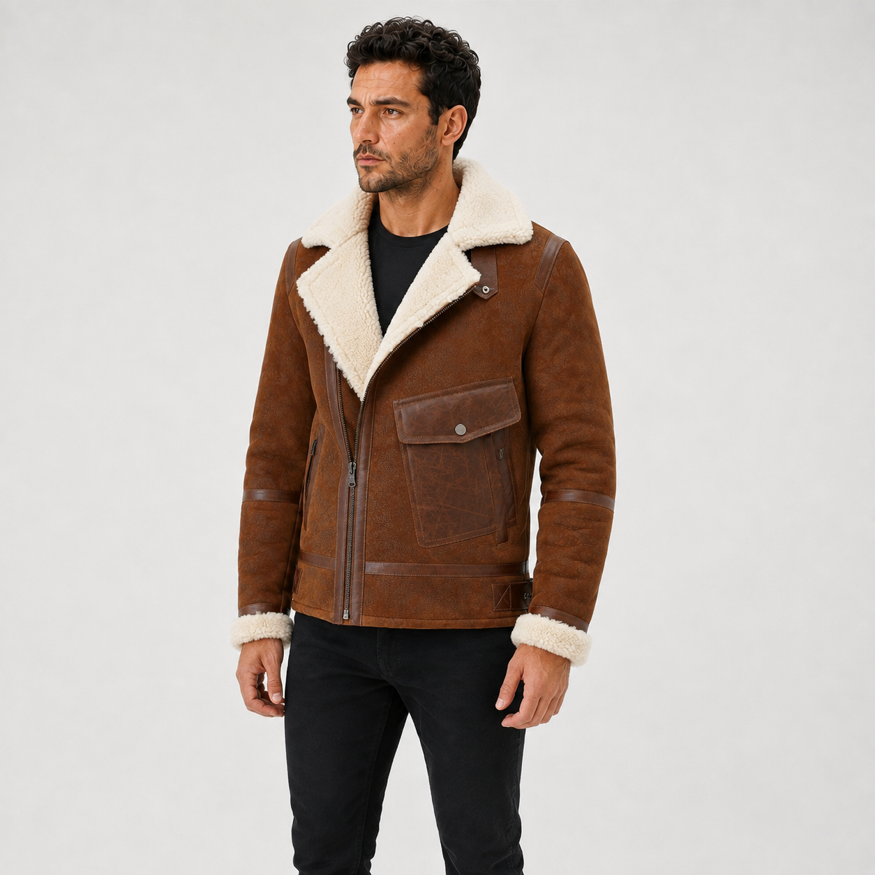 Three-quarter view of men’s brown aviator jacket with oversized cream lapels, patch pocket and vintage finish