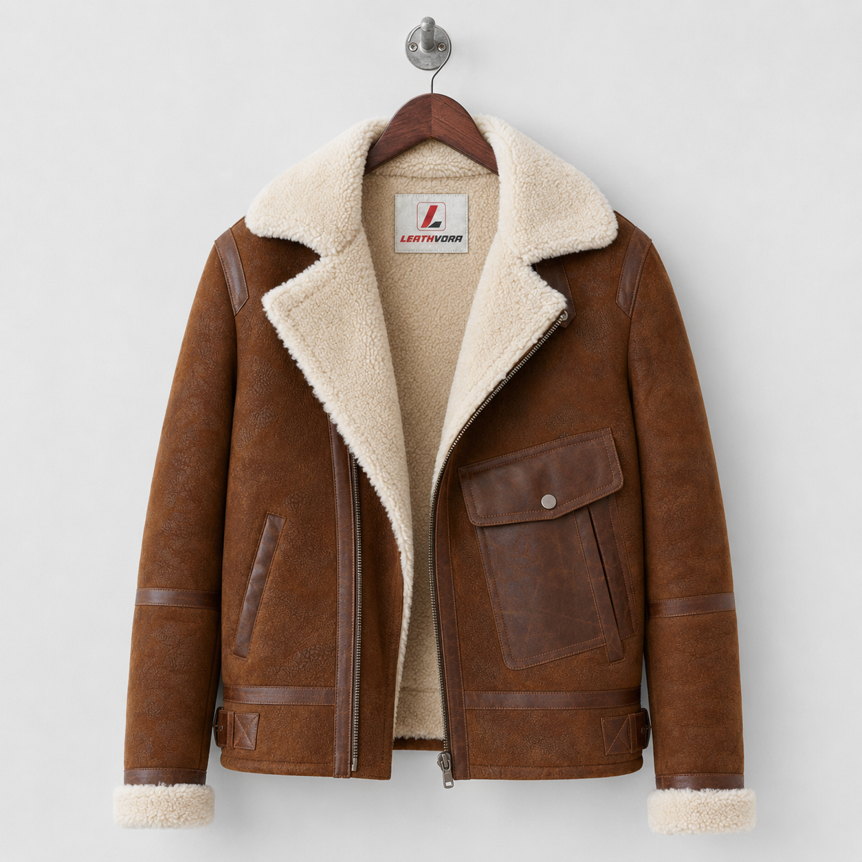 Hanging brown aviator jacket showing plush cream lining, asymmetric zipper, utility pocket and zipped hand pocket