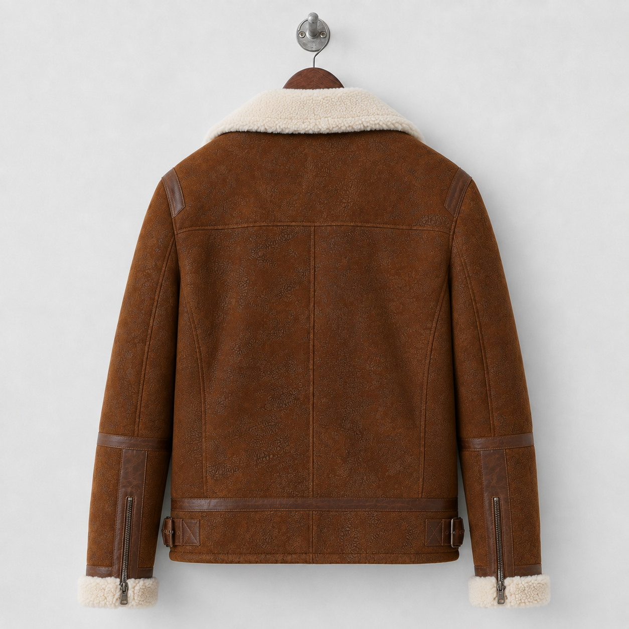 Hanging rear view of brown flight jacket with cream collar, panelled back, cuff zips and adjustable waist tabs