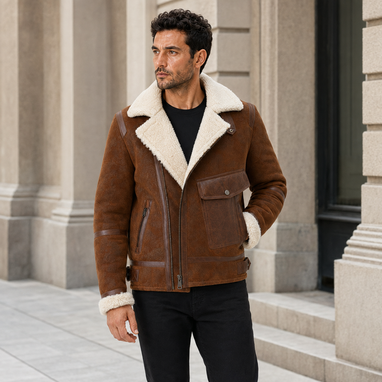 Man wearing brown aviator jacket with cream lapels and utility pocket beside classic stone city architecture
