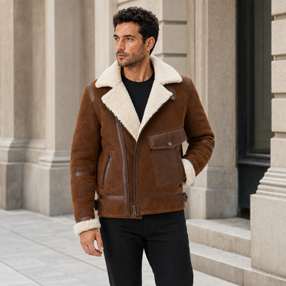 Man wearing brown aviator jacket with cream lapels and utility pocket beside classic stone city architecture
