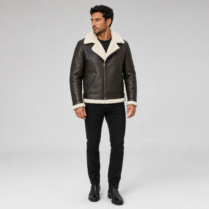 Three-quarter front view of brown B3 aviator jacket showing cream lapel-style lining, collar straps and leather texture.