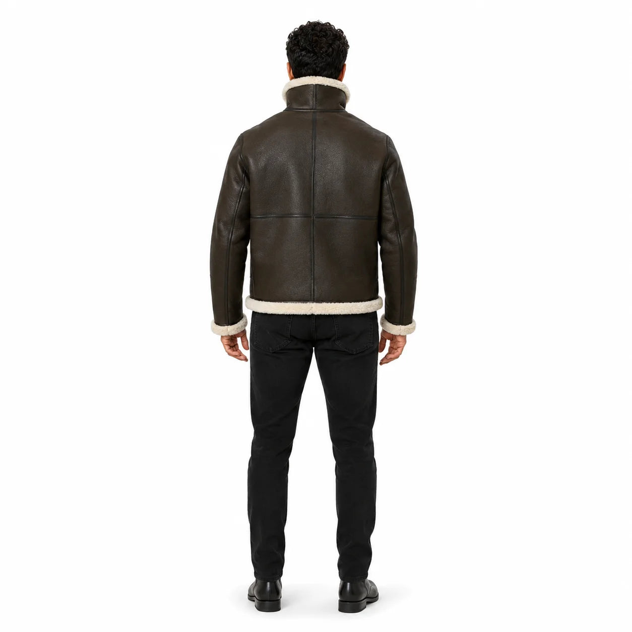 Full rear model view of brown B3 leather jacket showing clean panelled back, raised collar and cream cuff and hem trim.