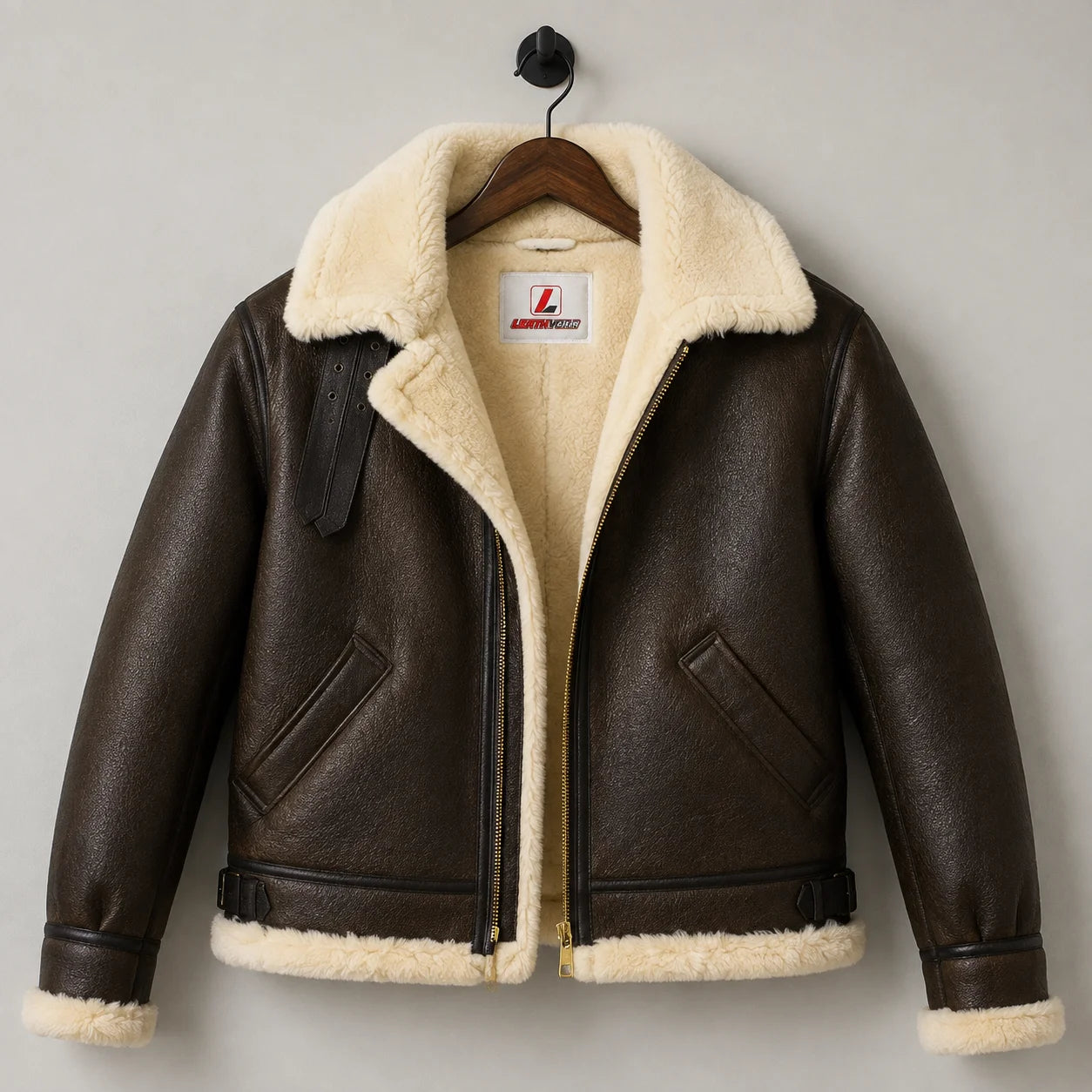 Hanging front product view of brown B3 bomber showing cream lining, collar straps, angled pockets and waist adjusters.