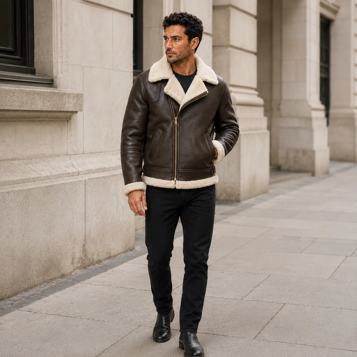 Outdoor lifestyle view of men’s brown B3 leather bomber jacket styled with black jeans and black leather boots.