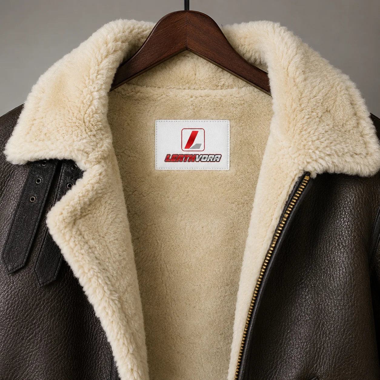 Close-up of cream pile-style collar and interior on brown B3 leather jacket with Leathvora branding patch visible.