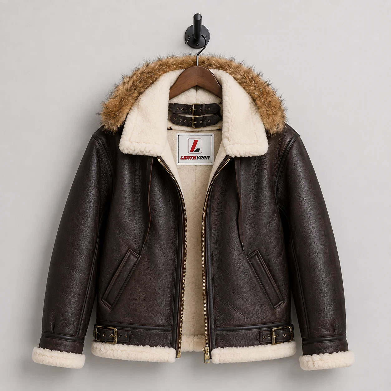 Hanging front view of brown B3 sheepskin jacket showing cream lining, hood trim, twin collar buckles and waist straps.