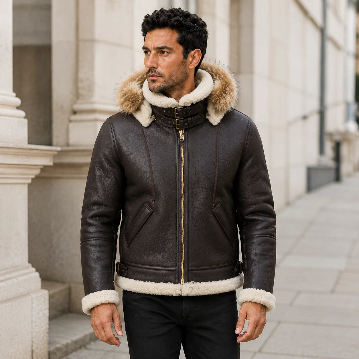 Outdoor lifestyle view of men’s brown hooded B3 bomber with cream shearling collar, cuffs and straight front zipper.